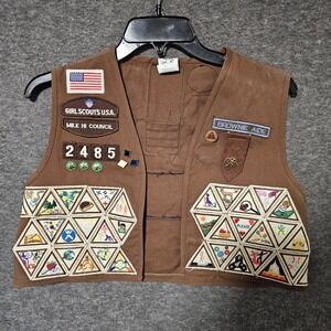 Large Vtg Girl Scout Brownie Vest Uniform 72 Patches & 8 Pins‎ Good Condition